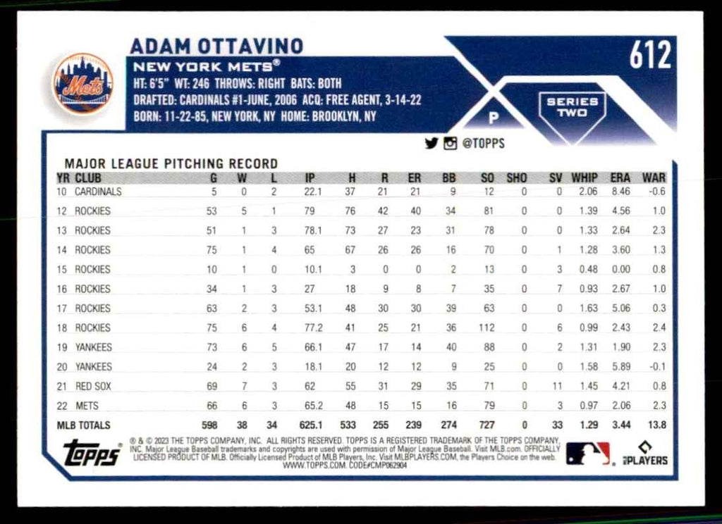 2023 Topps Adam Ottavino Baseball Cards #612