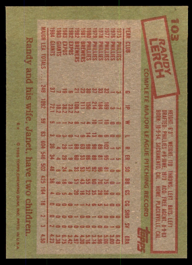 1985 Topps Randy Lerch Baseball Cards #103