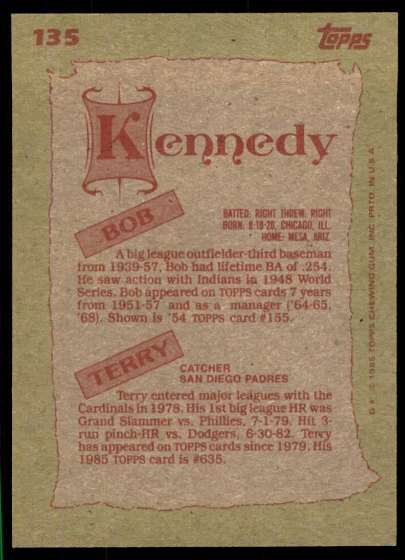 1985 Topps Bob Kennedy/Terry Kennedy Baseball Cards #135