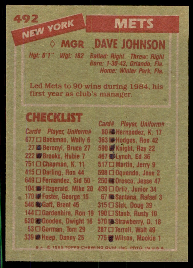 1985 Topps Dave Johnson Baseball Cards #492