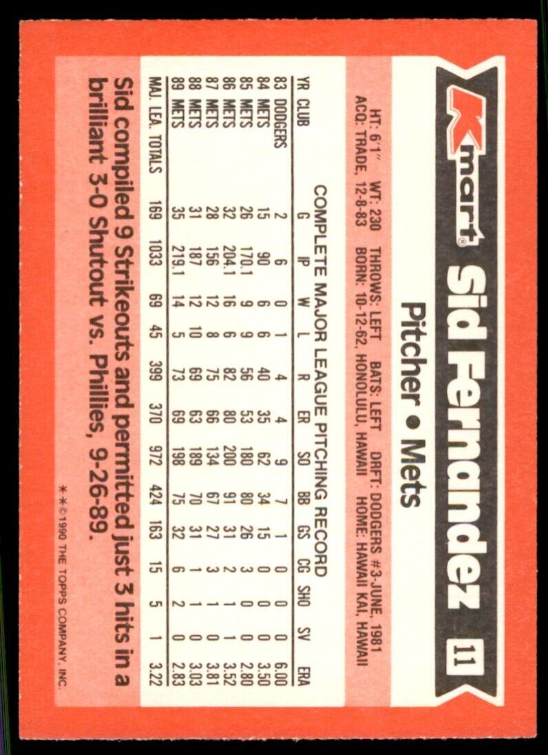 1990 Topps Kmart Sid Fernandez Baseball Cards #11