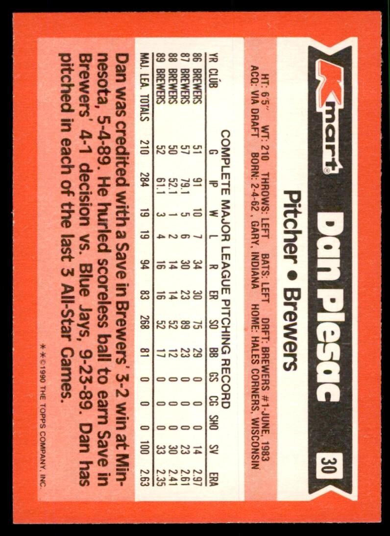 1990 Topps Kmart Dan Plesac A Baseball Cards #30