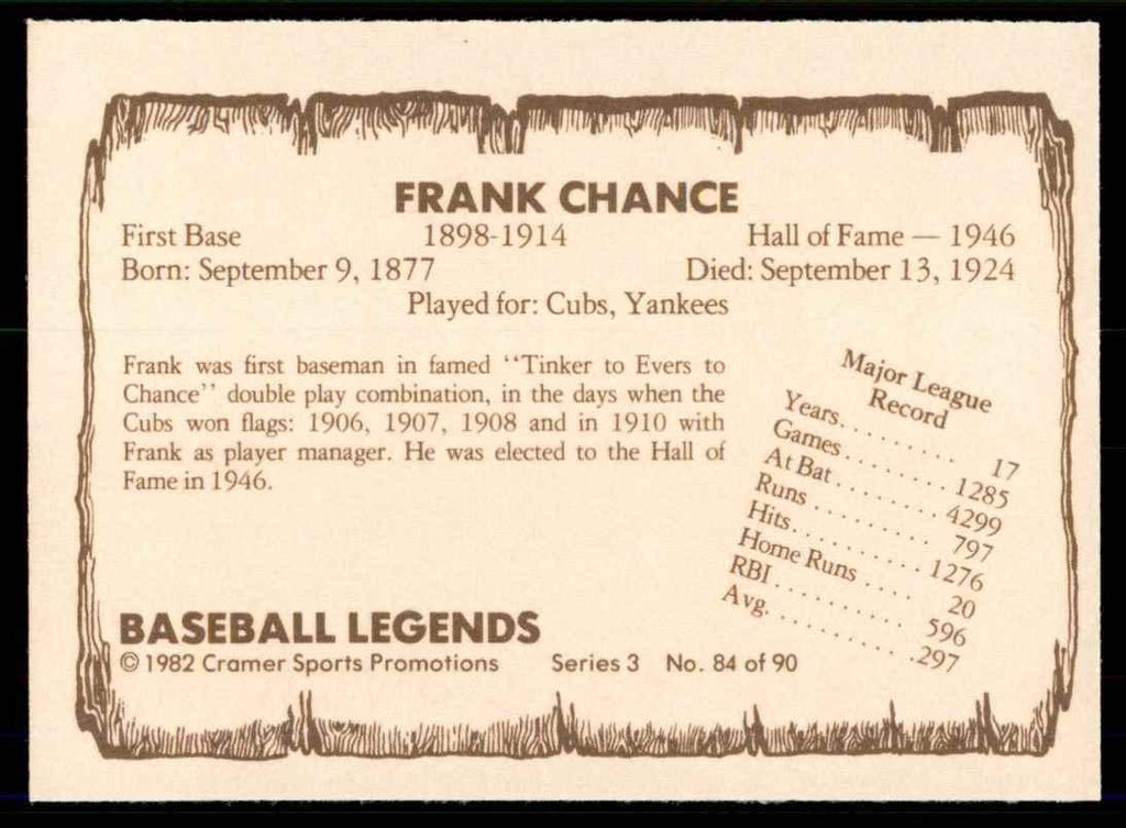 1982 Cramer Sports Frank Chance Baseball Cards #84