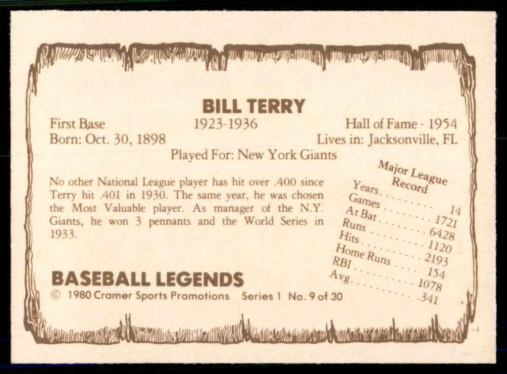 1980 Cramer Sports Bill Terry Baseball Cards #9