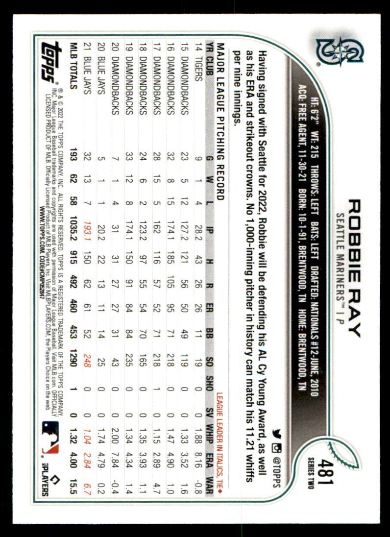 2022 Topps Robbie Ray Baseball Cards #481