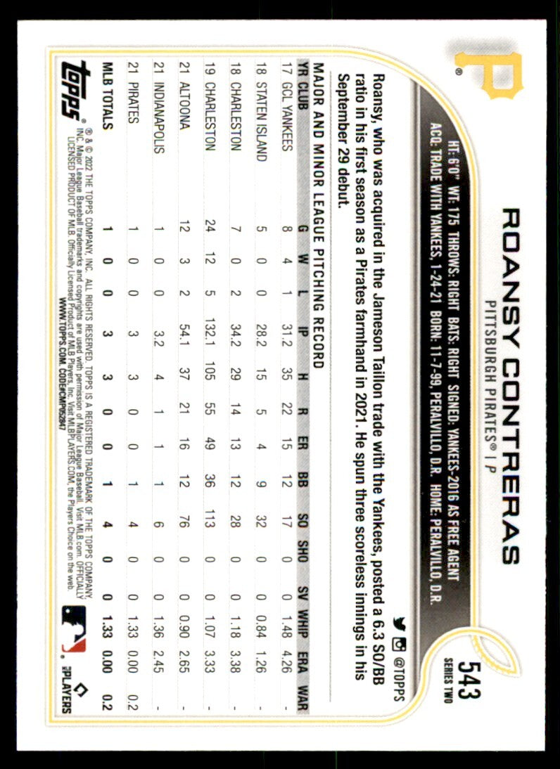 2022 Topps Roansy Contreras Baseball Cards #543