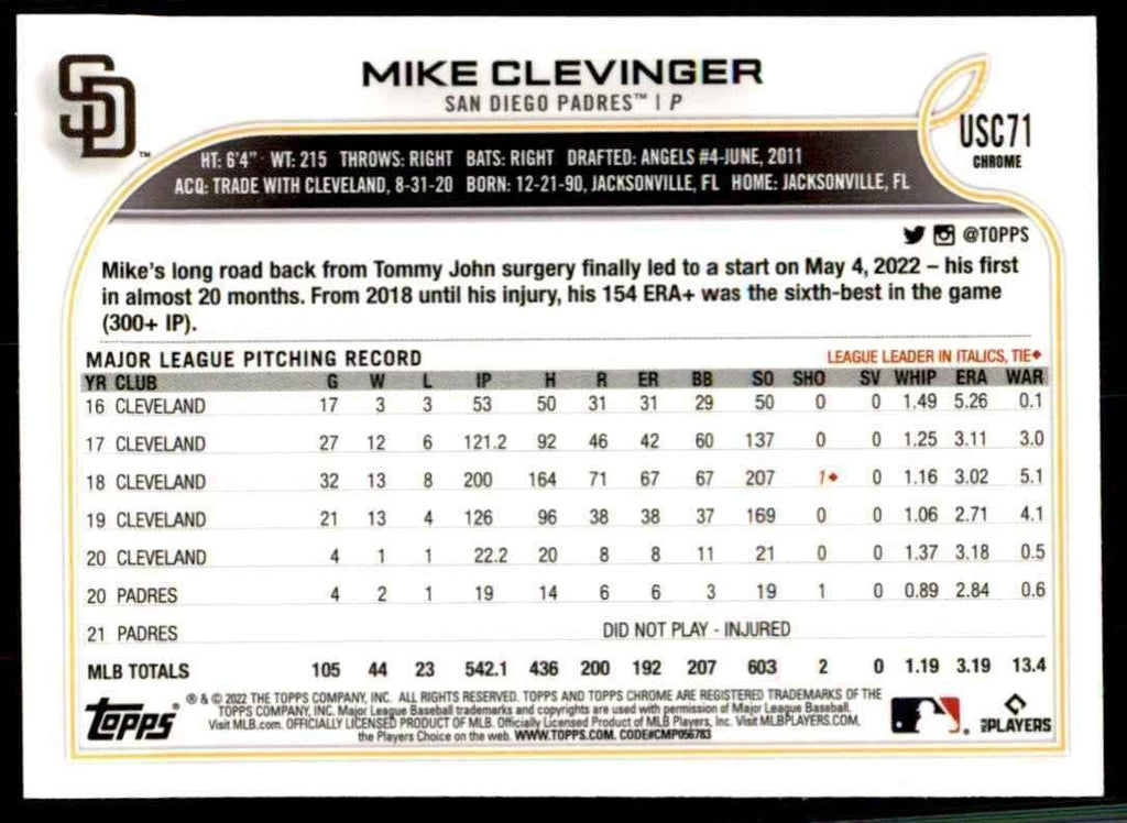 2022 Topps Chrome Mike Clevinger Baseball Cards #USC71