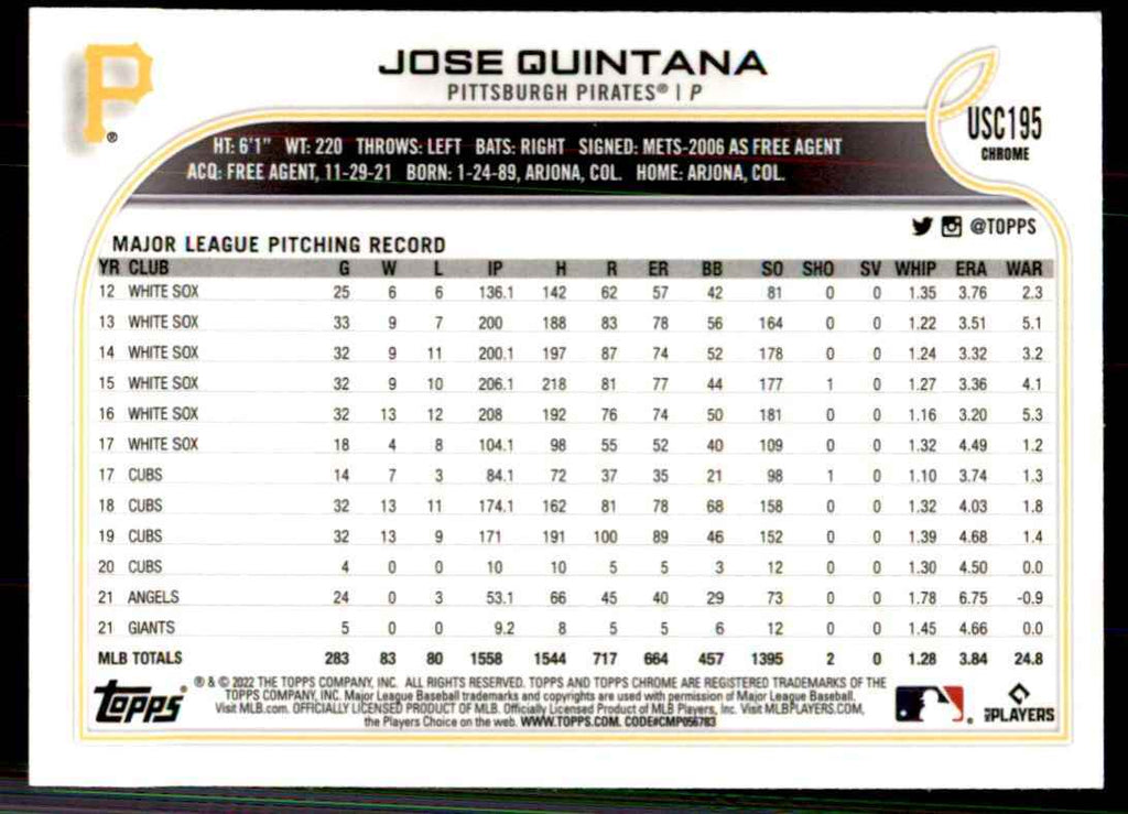 2022 Topps Chrome Jose Quintana A Baseball Cards #USC195