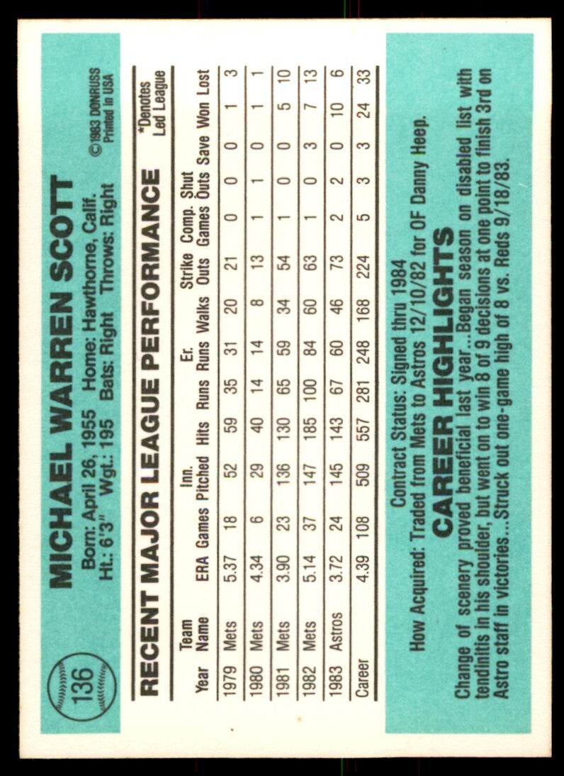 1984 Donruss Mike Scott Baseball Cards #136