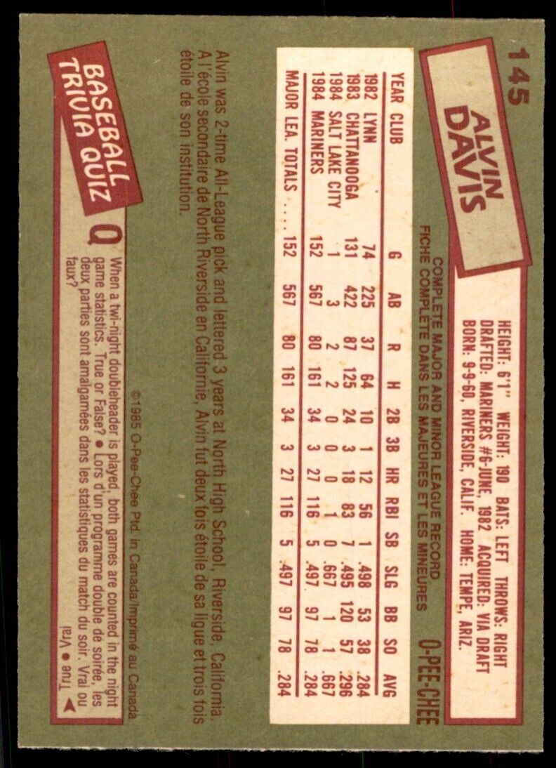1985 O-Pee-Chee Alvin Davis Baseball Cards #145