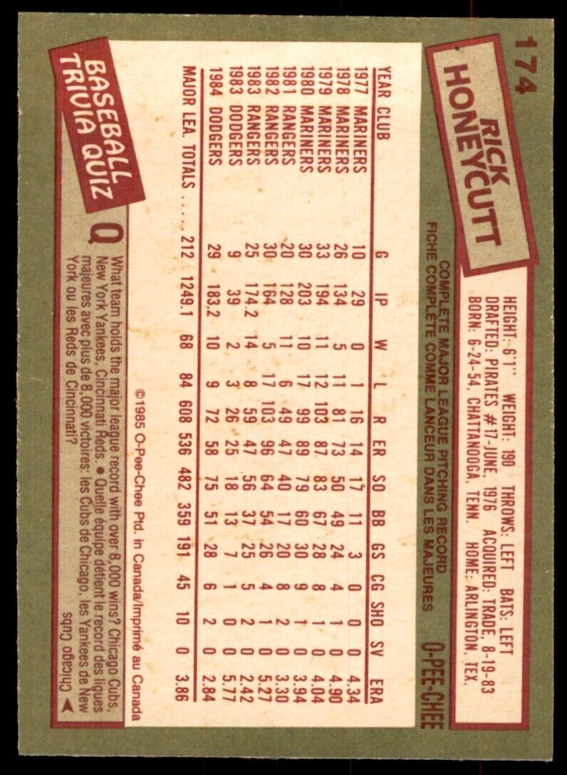 1985 O-Pee-Chee Rick Honeycutt Baseball Cards #174