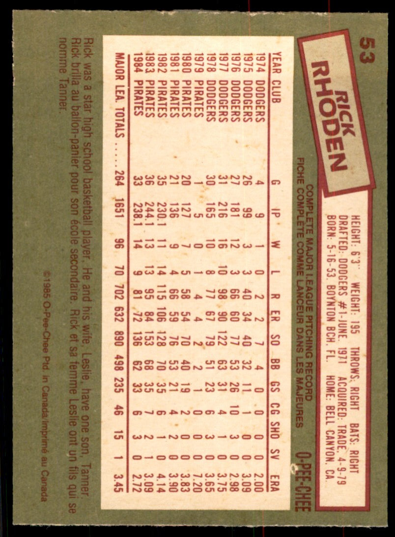 1985 O-Pee-Chee Rick Rhoden Baseball Cards #53