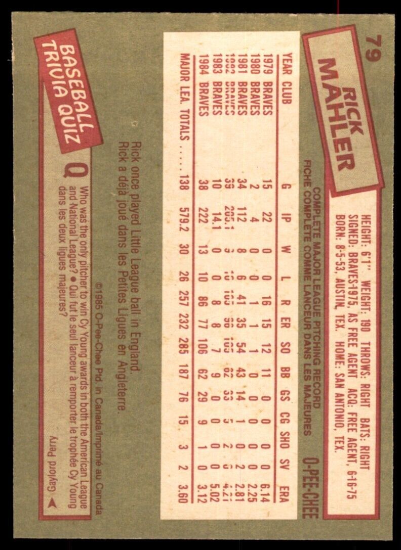 1985 O-Pee-Chee Rick Mahler Baseball Cards #79