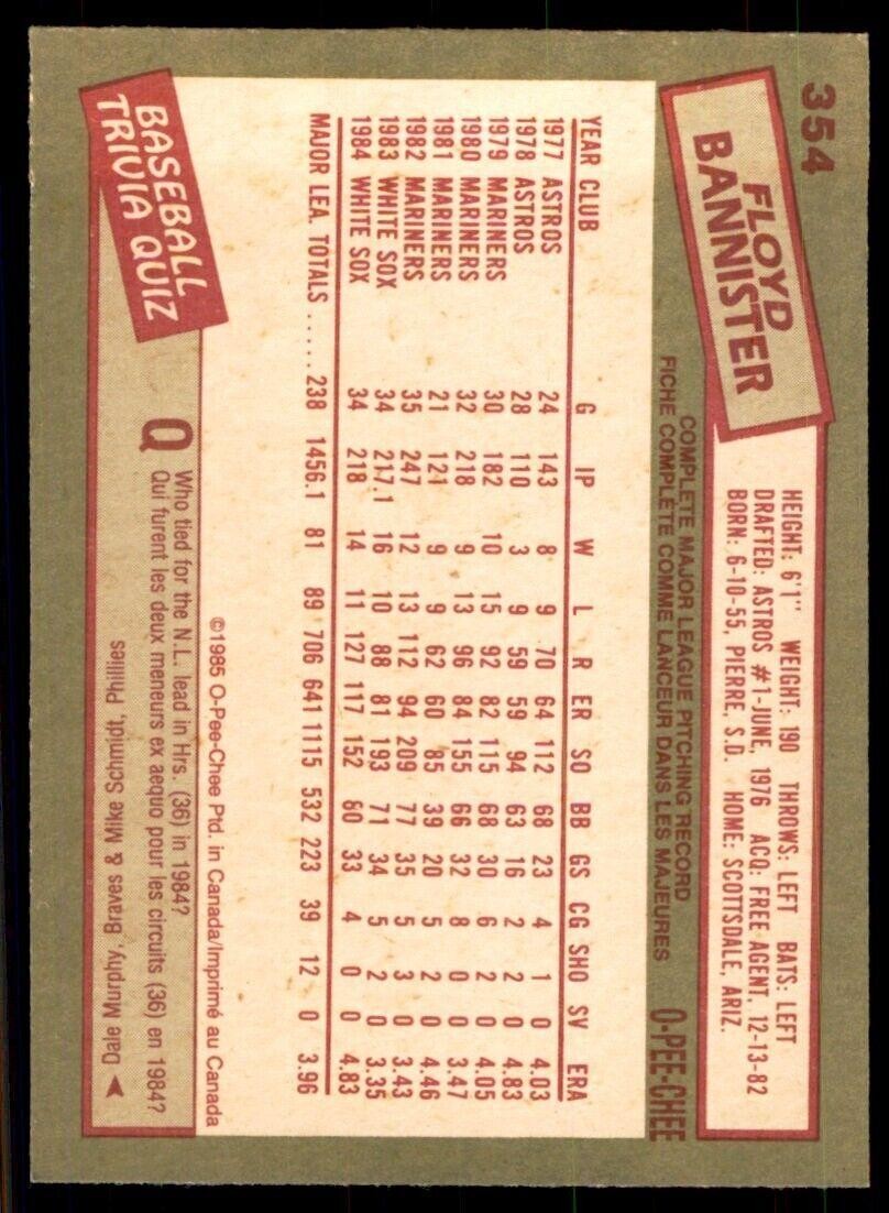 1985 O-Pee-Chee Floyd Bannister Baseball Cards #354