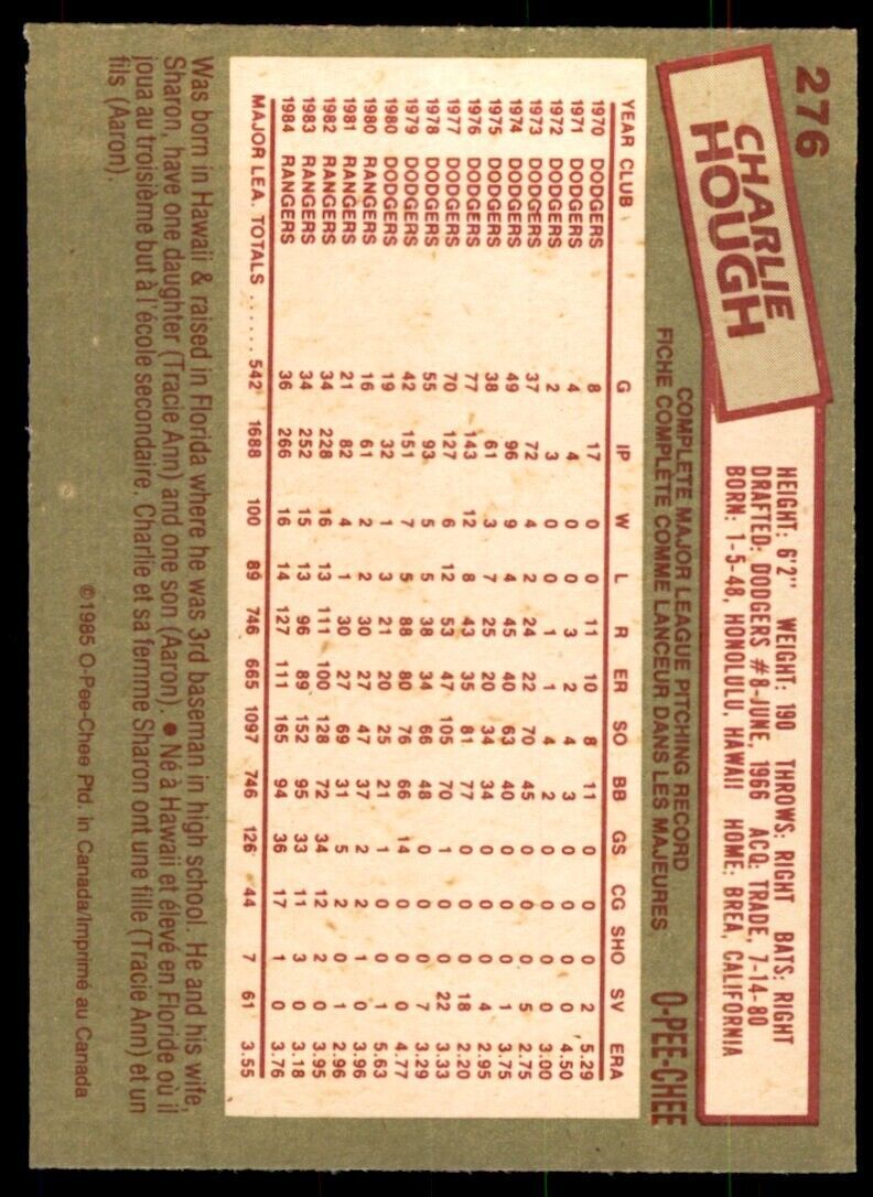 1985 O-Pee-Chee Charlie Hough Baseball Cards #276