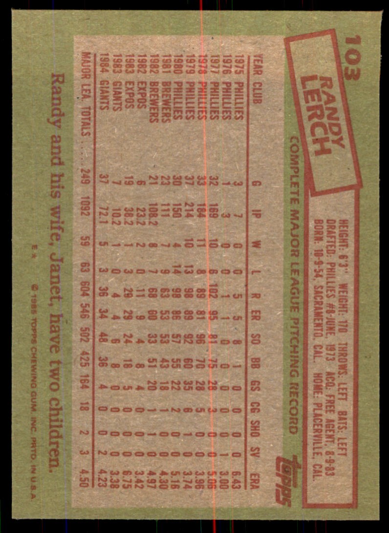 1985 Topps. Randy Lerch B Baseball Cards #103