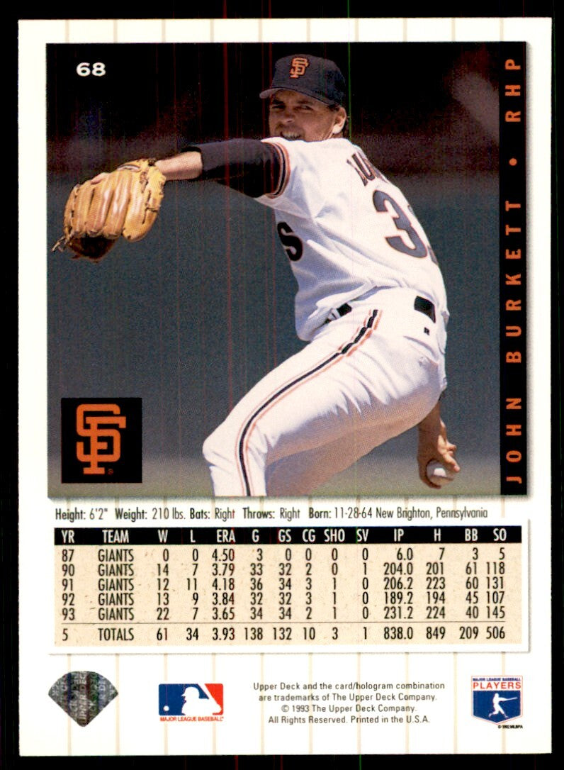 1994 Upper Deck John Burkett Baseball Cards #68