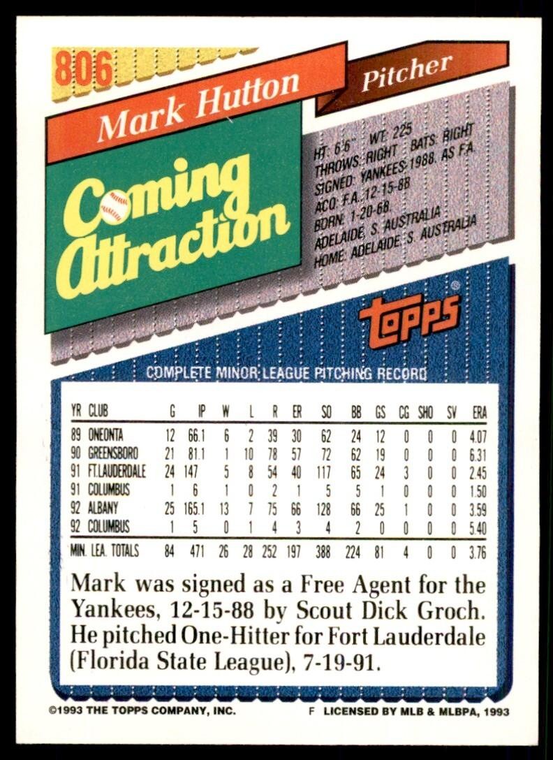 1993 Topps Inaugural Colorado Rockies Mark Hutton #806