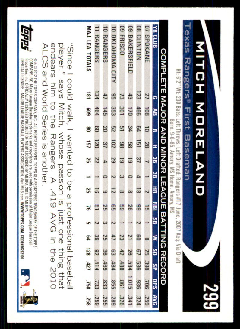 2012 Topps' Mitch Moreland Baseball Cards #299