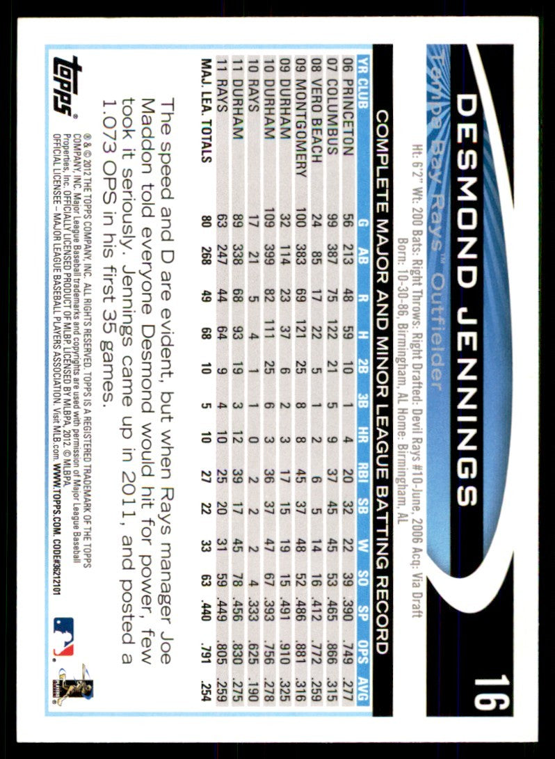 2012 Topps' Desmond Jennings Baseball Cards #16