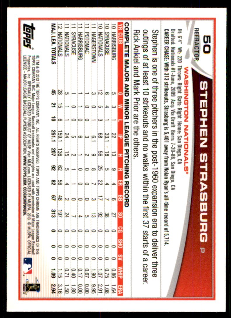 2013 Topps Chrome Stephen Strasburg Baseball Cards #50