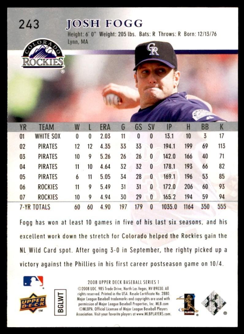2008 Upper Deck Josh Fogg Baseball Cards #243