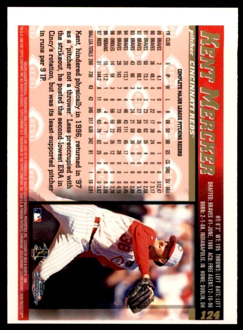 1998 Topps Chrome Kent Mercker Baseball Cards #124