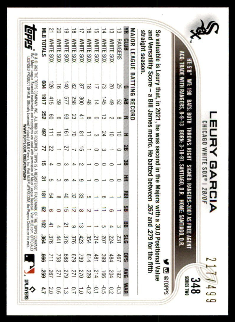2022 Topps Leury Garcia A Baseball Cards #348