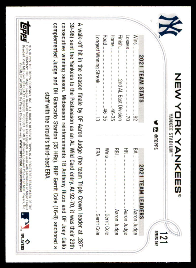 2022 Topps New York Yankees A Baseball Cards #121