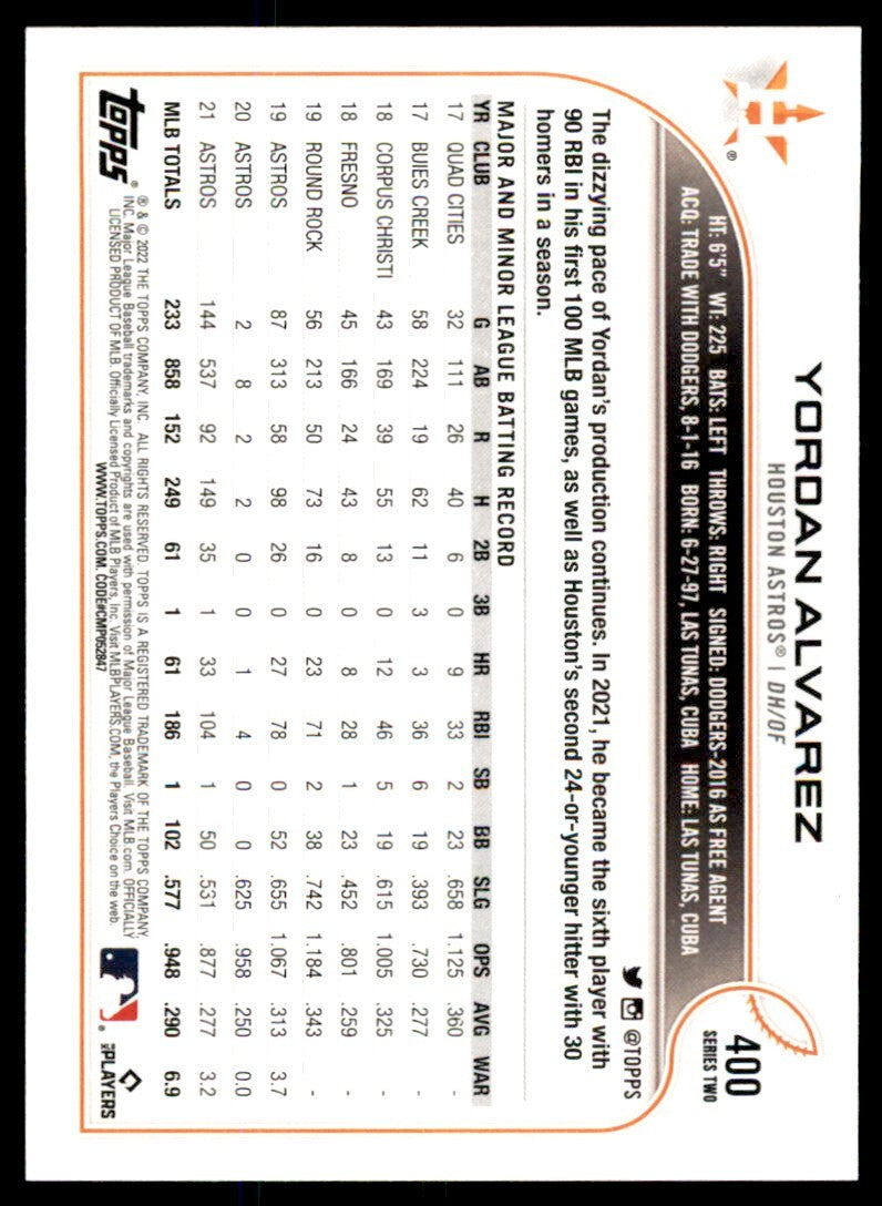 2022 Topps Yordan Alvarez B Baseball Cards #400
