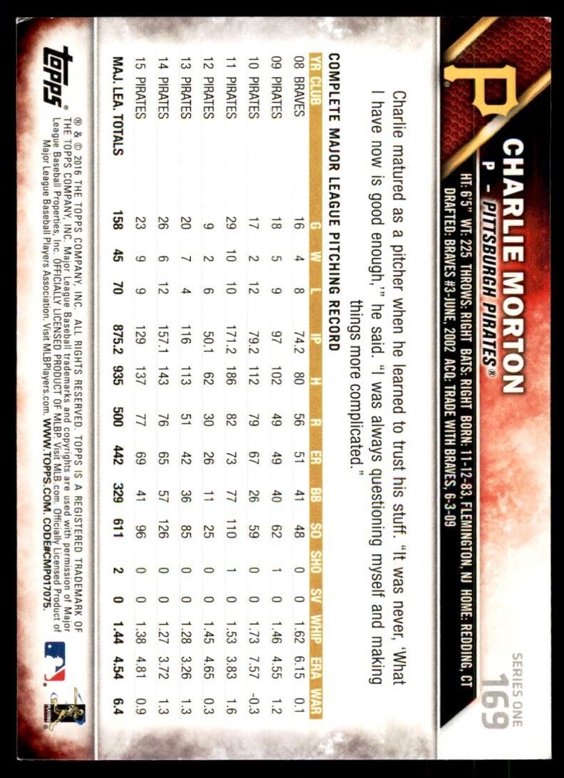 2016 Topps Charlie Morton Baseball Cards #169