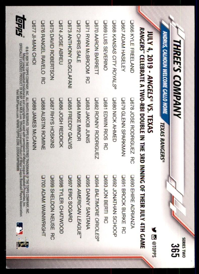 2020 Topps. Andrus/Calhoun/Gallo Baseball Cards #365