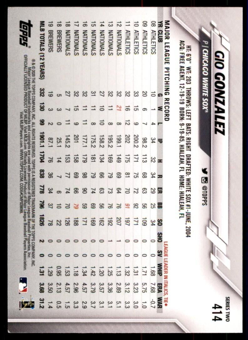 2020 Topps. Gio Gonzalez Baseball Cards #414