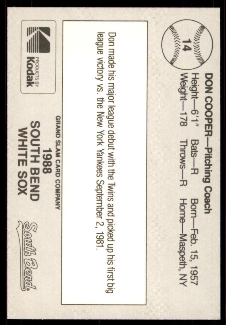 1988 Grand Slam Don Cooper Baseball Card #14