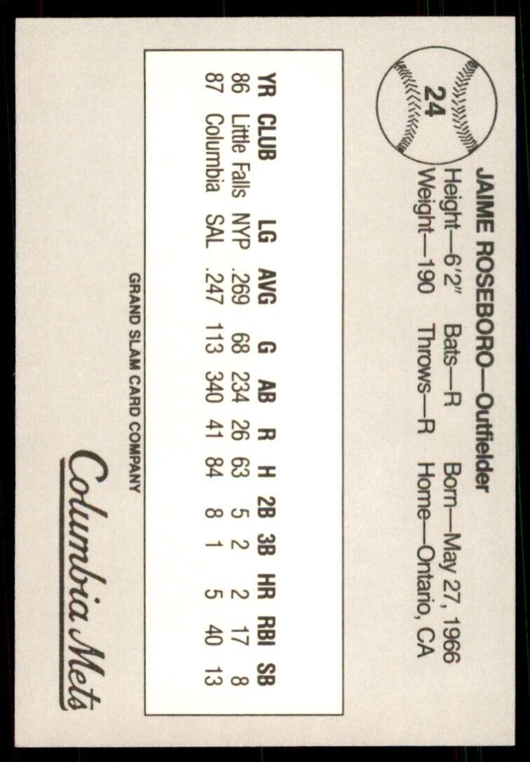 1988 Grand Slam Jaime Roseboro B Baseball Card #24