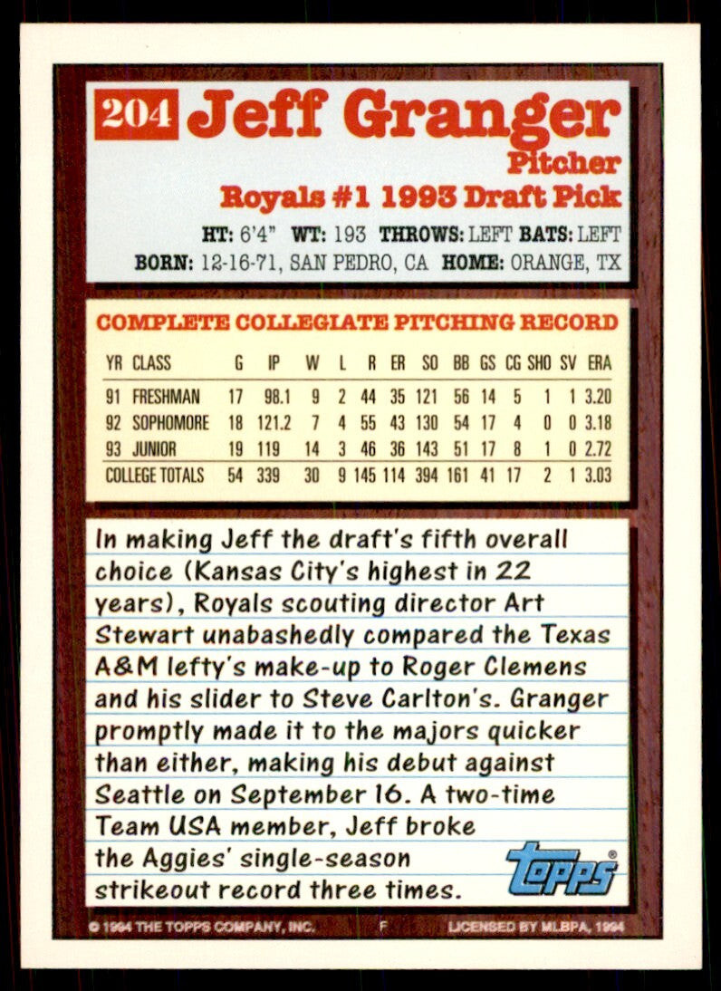 1994 Topps Jeff Granger Baseball Card #204