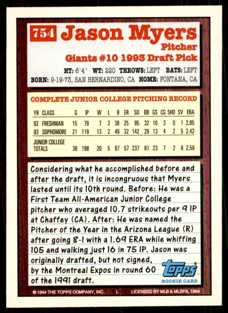 1994 Topps Jason Myers B Baseball Card #754