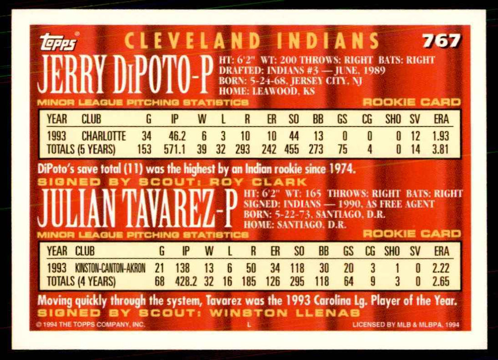 1994 Topps Baseball Card DiPoto/Tavarez #767