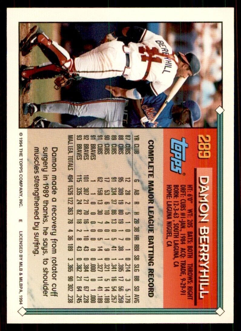 1994 Topps Damon Berryhill Baseball Card #289