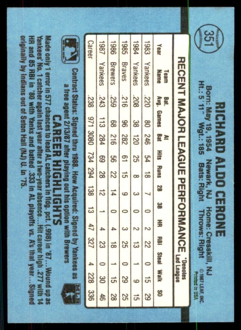 1988 Donruss Rick Cerone Baseball Cards #351