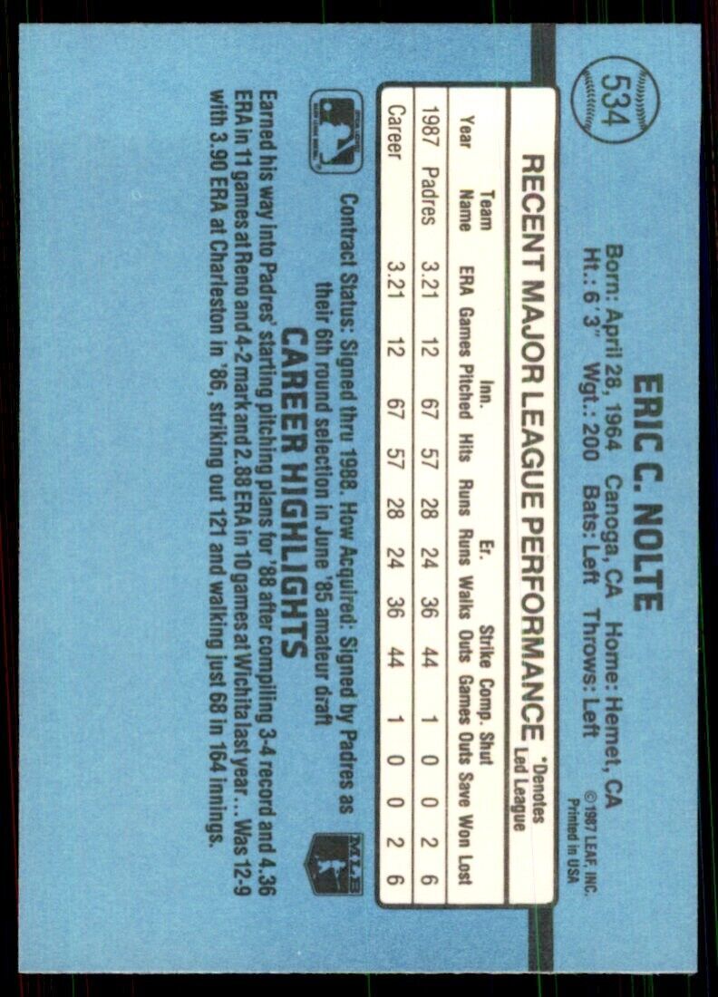 1988 Donruss Eric Nolte Baseball Cards #534