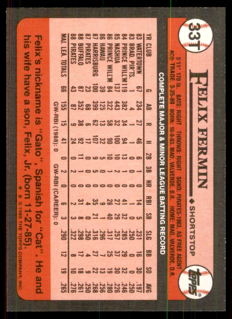 1989 Tops Traded Felix Fermin Baseball Cards #33T