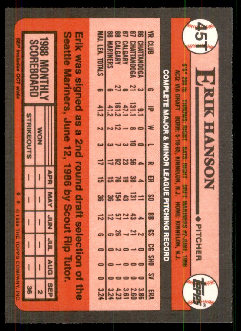 1989 Tops Traded Erik Hanson Baseball Cards #45T