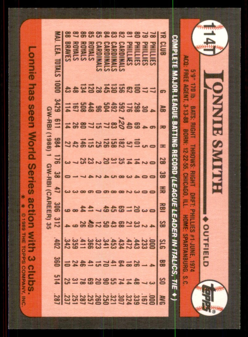 1989 Tops Traded Lonnie Smith Baseball Cards #114T