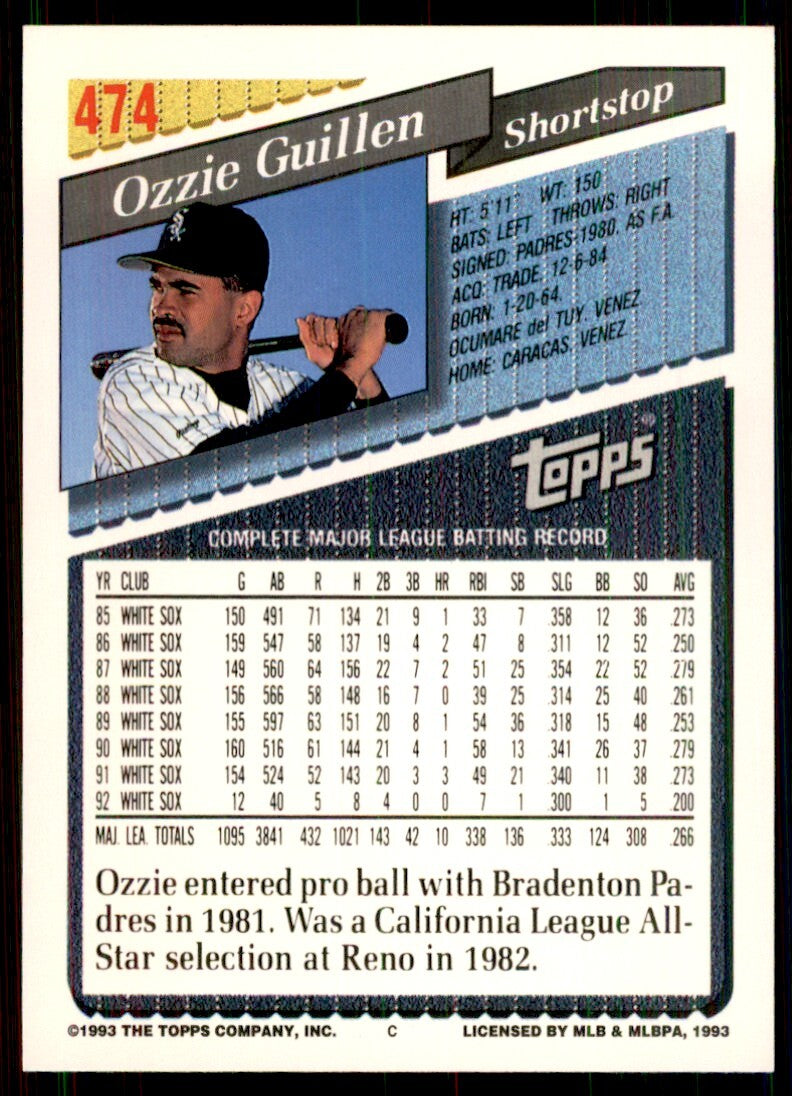 1993 Topps Ozzie Guillen Baseball Cards #474