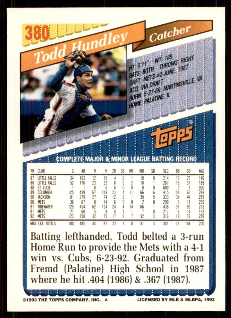 1993 Topps Todd Hundley Baseball Cards #380