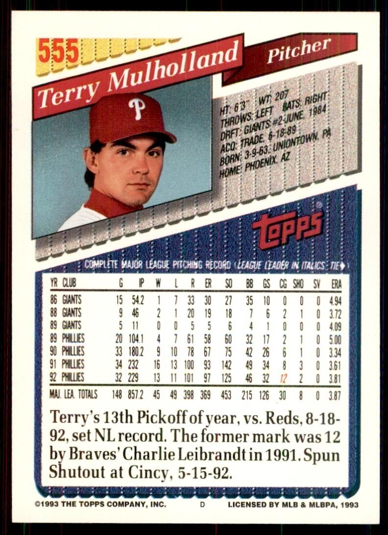 1993 Topps Terry Mulholland Baseball Cards #555