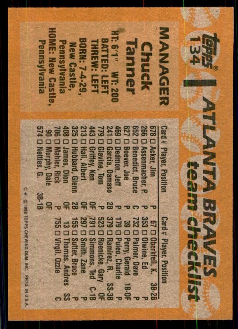1988 Topps Chuck Tanner Baseball Cards #134