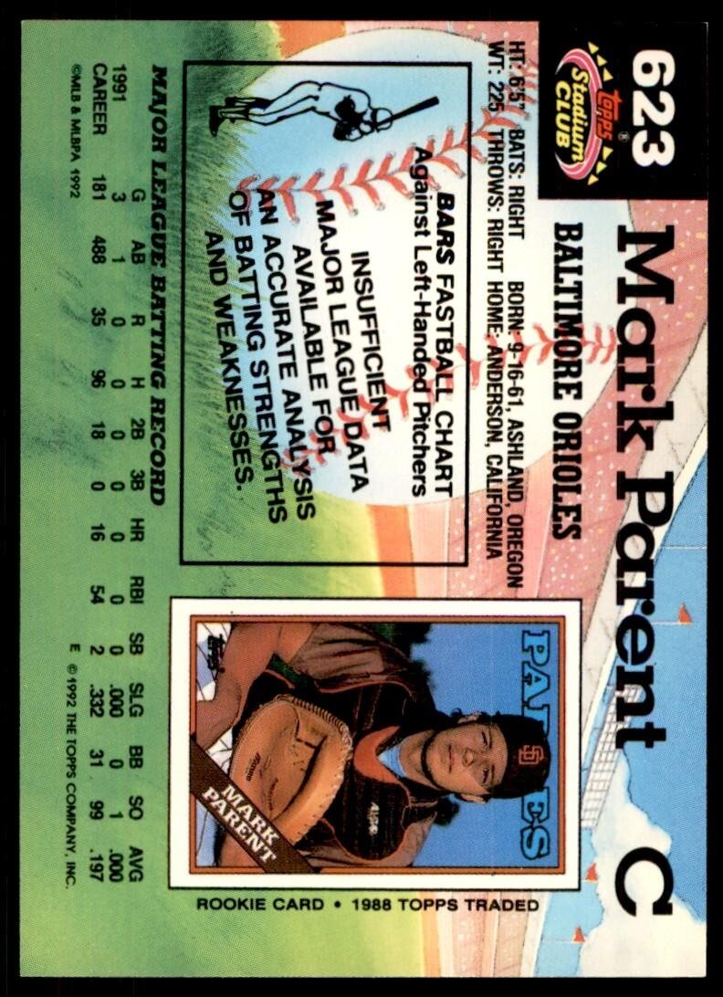 1992 Stadium Club Mark Parent Baltimore Orioles #623
