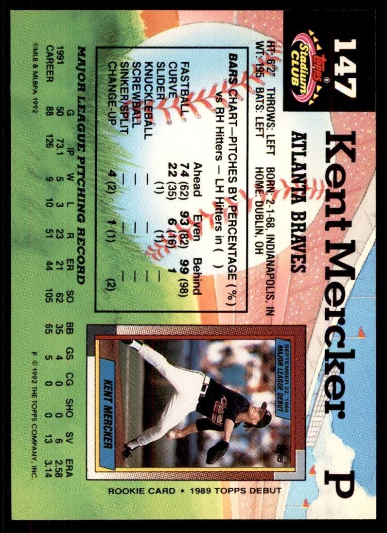 1992 Stadium Club Kent Mercker Atlanta Braves #147